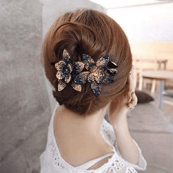 Pince à cheveux double fleur en strass – Image 6