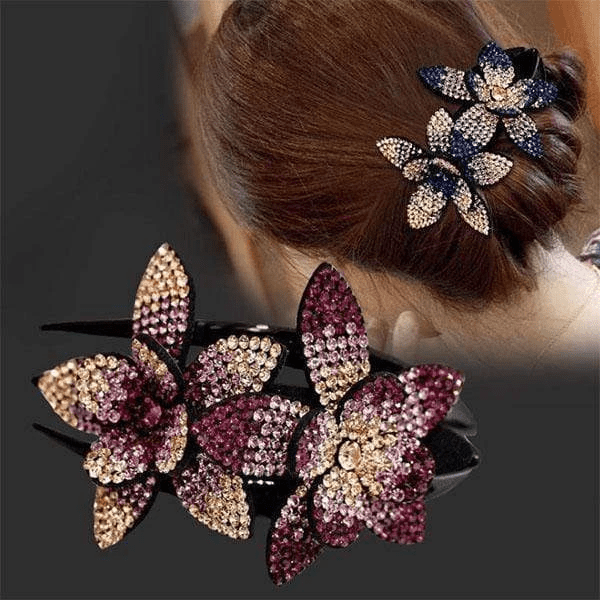 Pince à cheveux double fleur en strass – Image 7