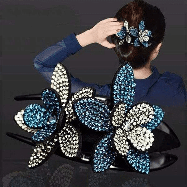 Pince à cheveux double fleur en strass – Image 8