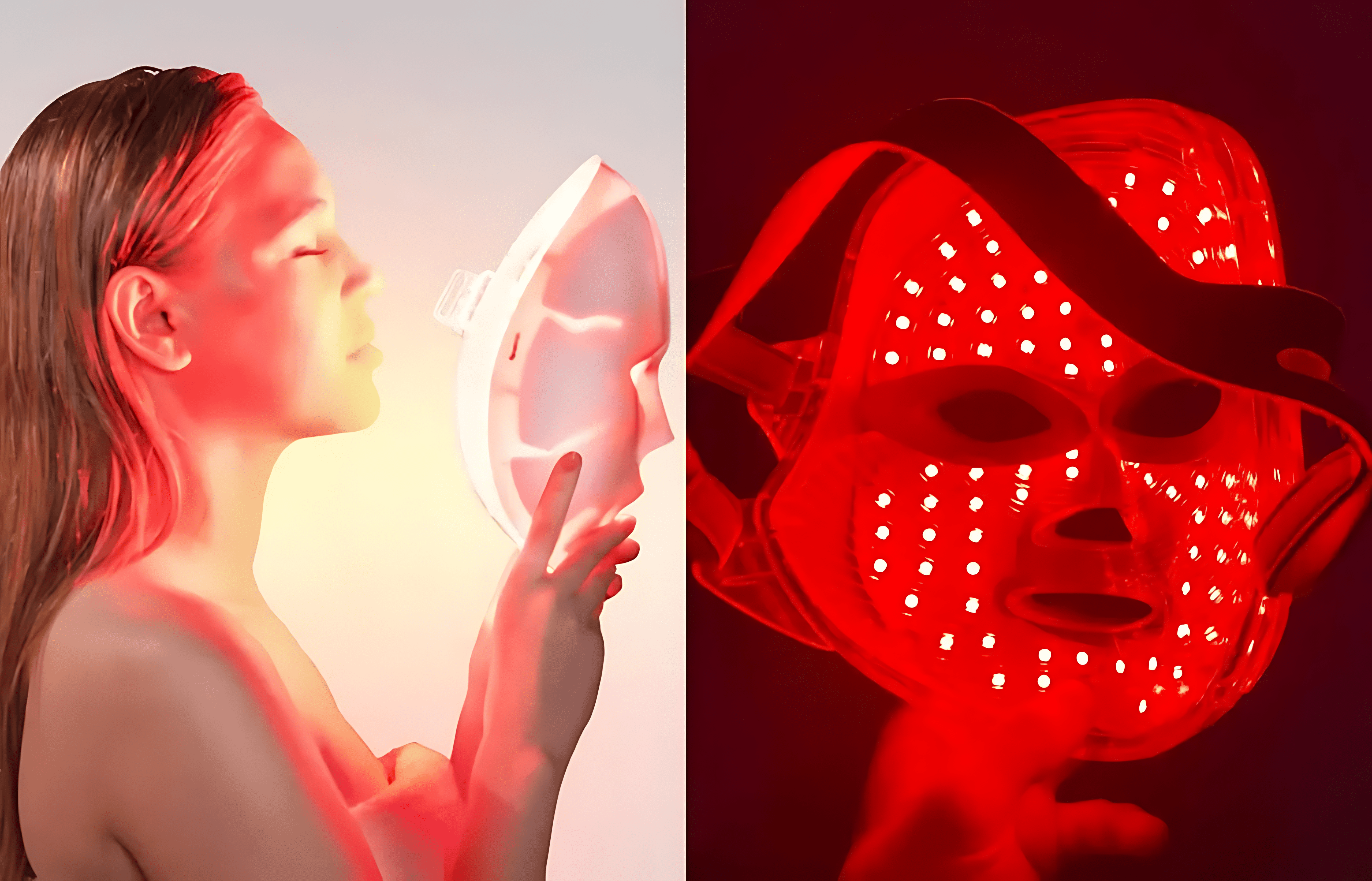 Mask lit in red light during an anti-aging session