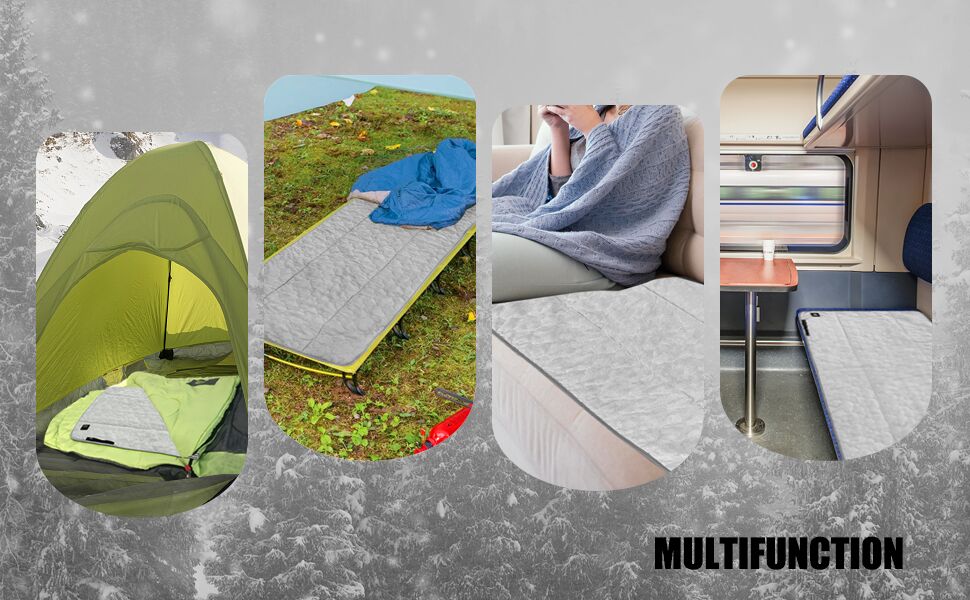 Personne utilisant la doublure chauffante dans une tente