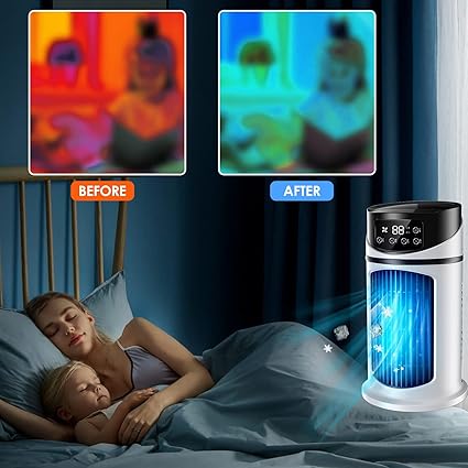 Un mini refroidisseur d'air multifonction silencieux, placé sur un bureau, rafraîchissant une pièce avec un flux d'air frais, idéal pour un environnement de travail calme.