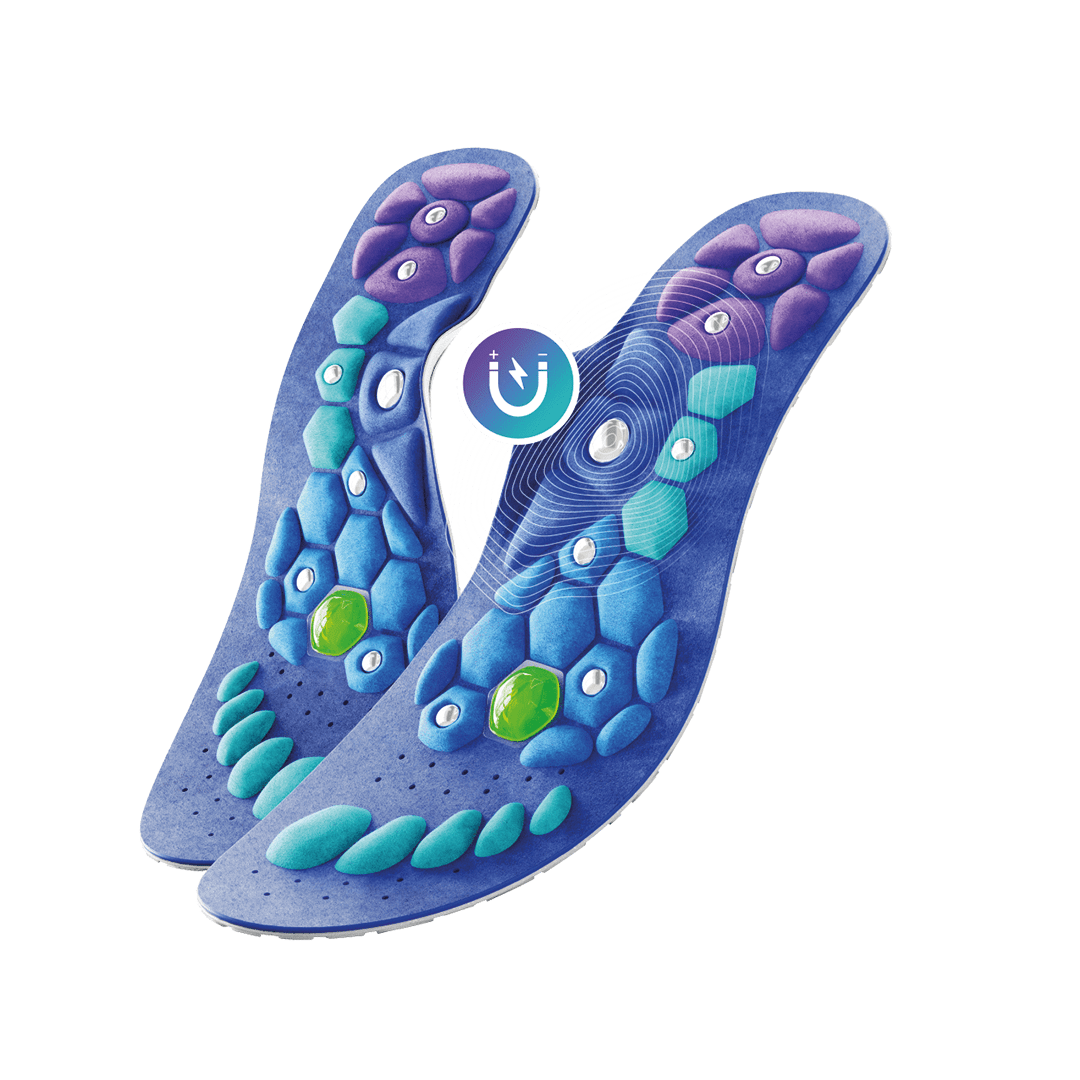 Image montrant les semelles Akusoli avec des illustrations des points de pression sur les pieds, soulignant l'amélioration de la circulation sanguine.