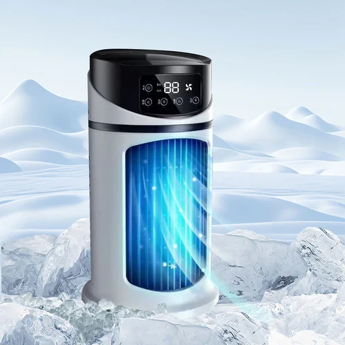 Un refroidisseur d'air portable affichant une faible consommation d'énergie, symbolisé par une icône de 12W et un signe de coût réduit, montrant l'efficacité énergétique de l'appareil.