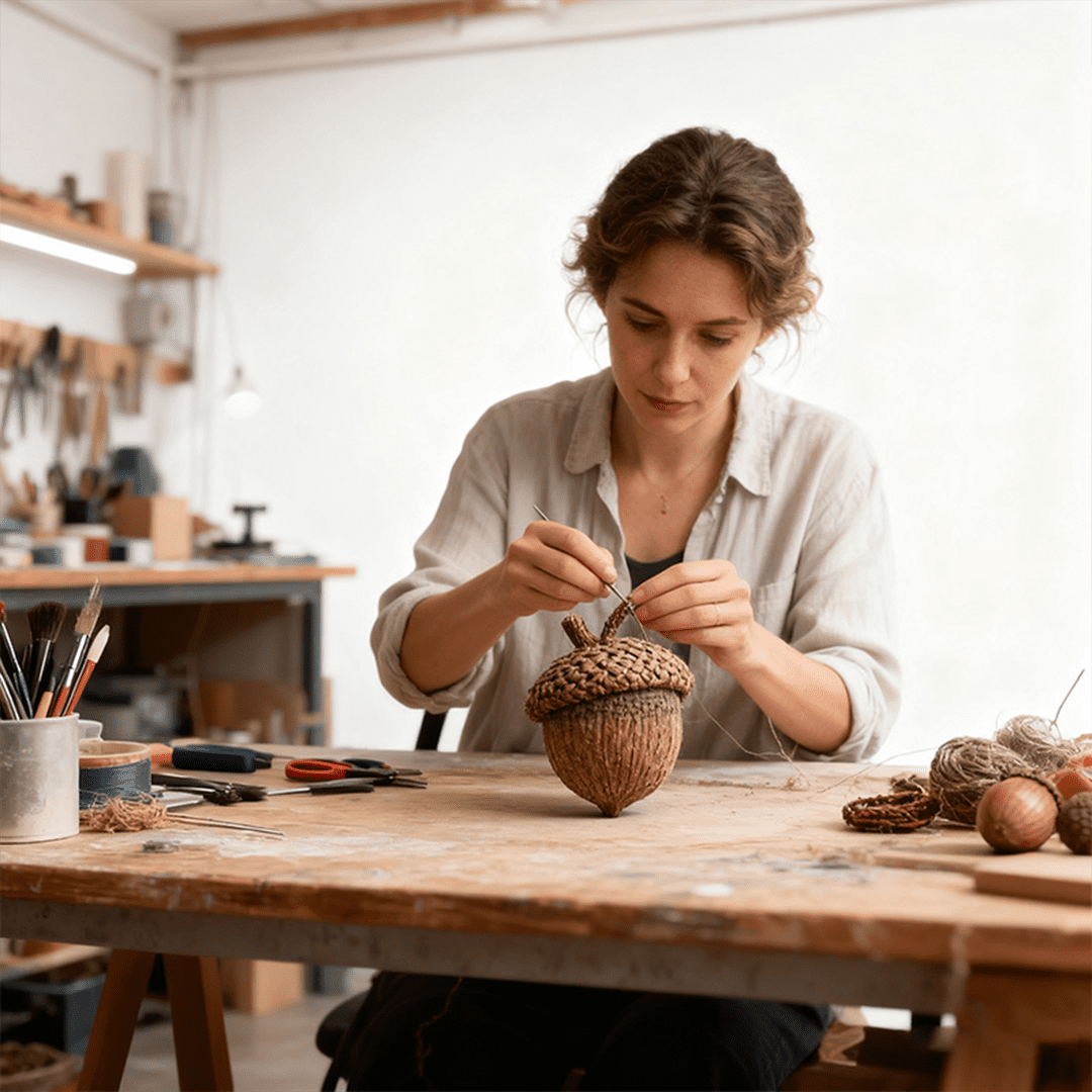 Un écureuil dessiné en acrylique blotti dans sa coquille suspendue.