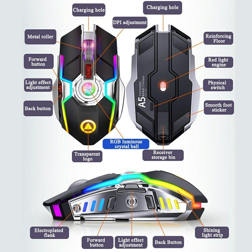 Souris de jeu sans fil rechargeable silencieuse 1600 dpi led rvb ergonomique – Image 3