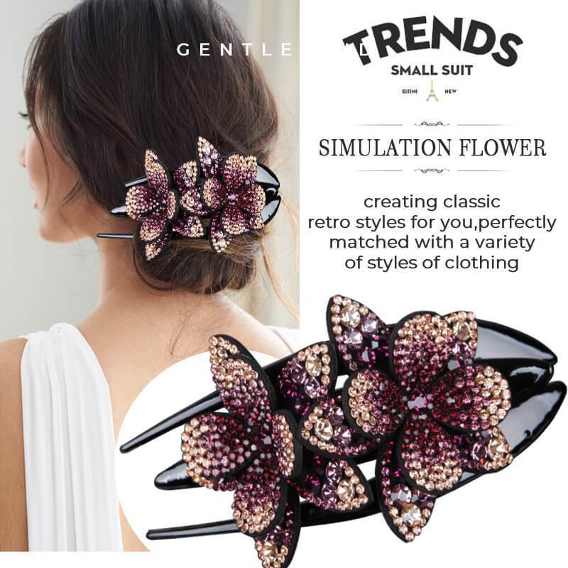 Pince à cheveux double fleur en strass – Image 4
