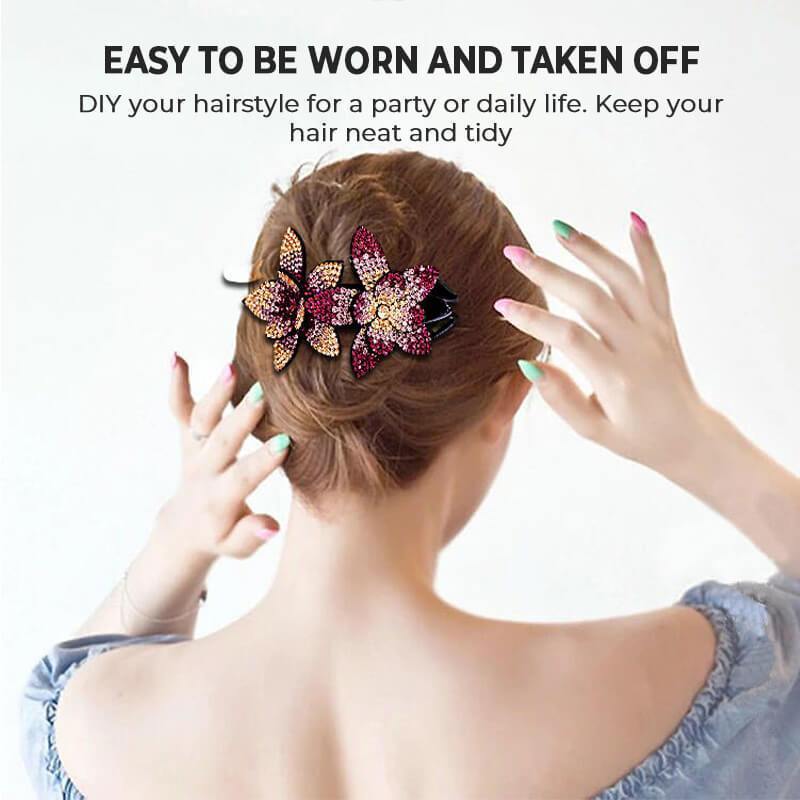 Pince à cheveux double fleur en strass – Image 3
