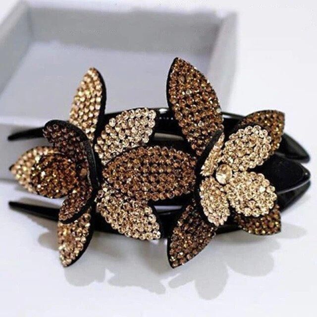 Pince à cheveux double fleur en strass