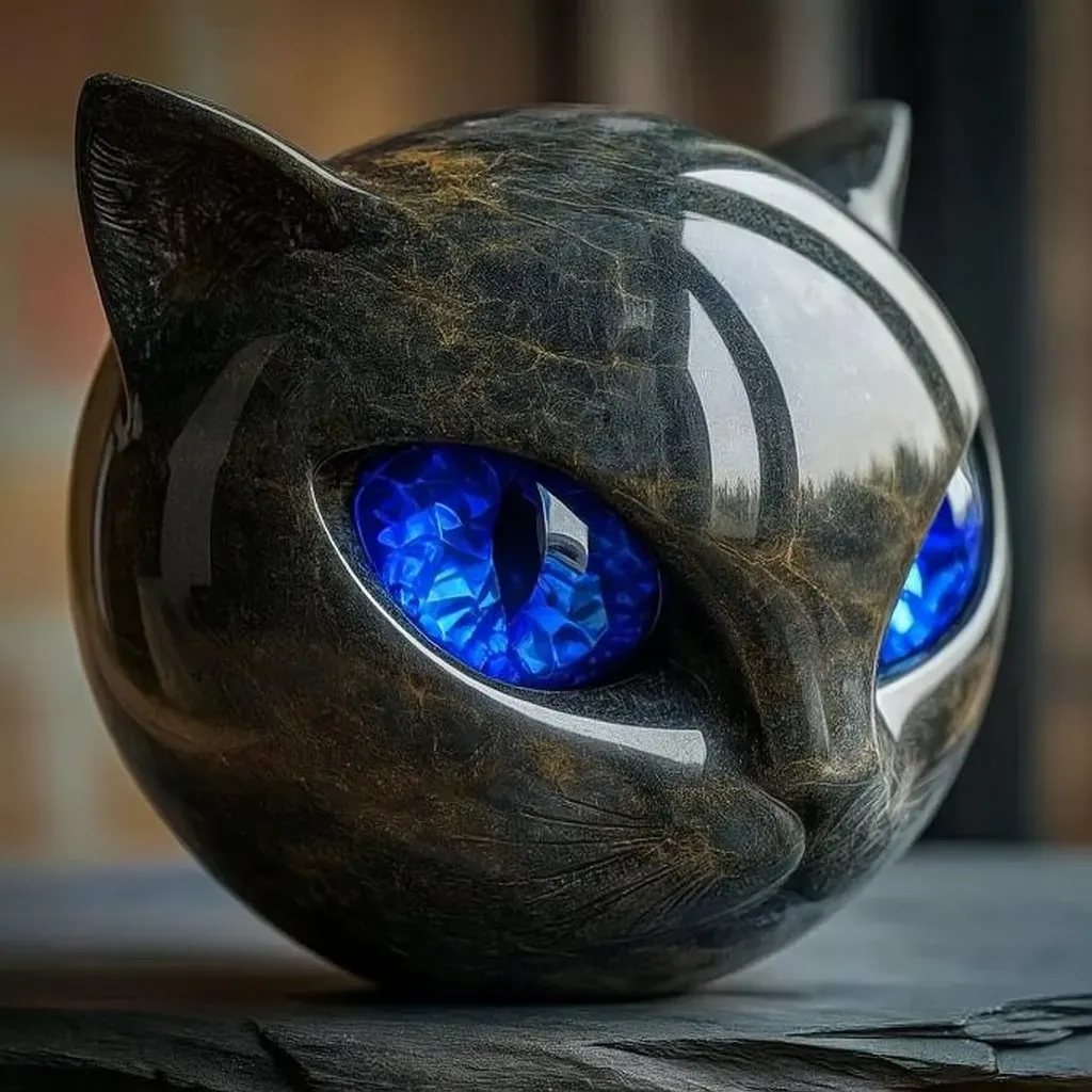 Black Cat Stone Sculpture – Figurine décorative tête de chat en pierre de chat noir résine Texture en marbre – Image 6