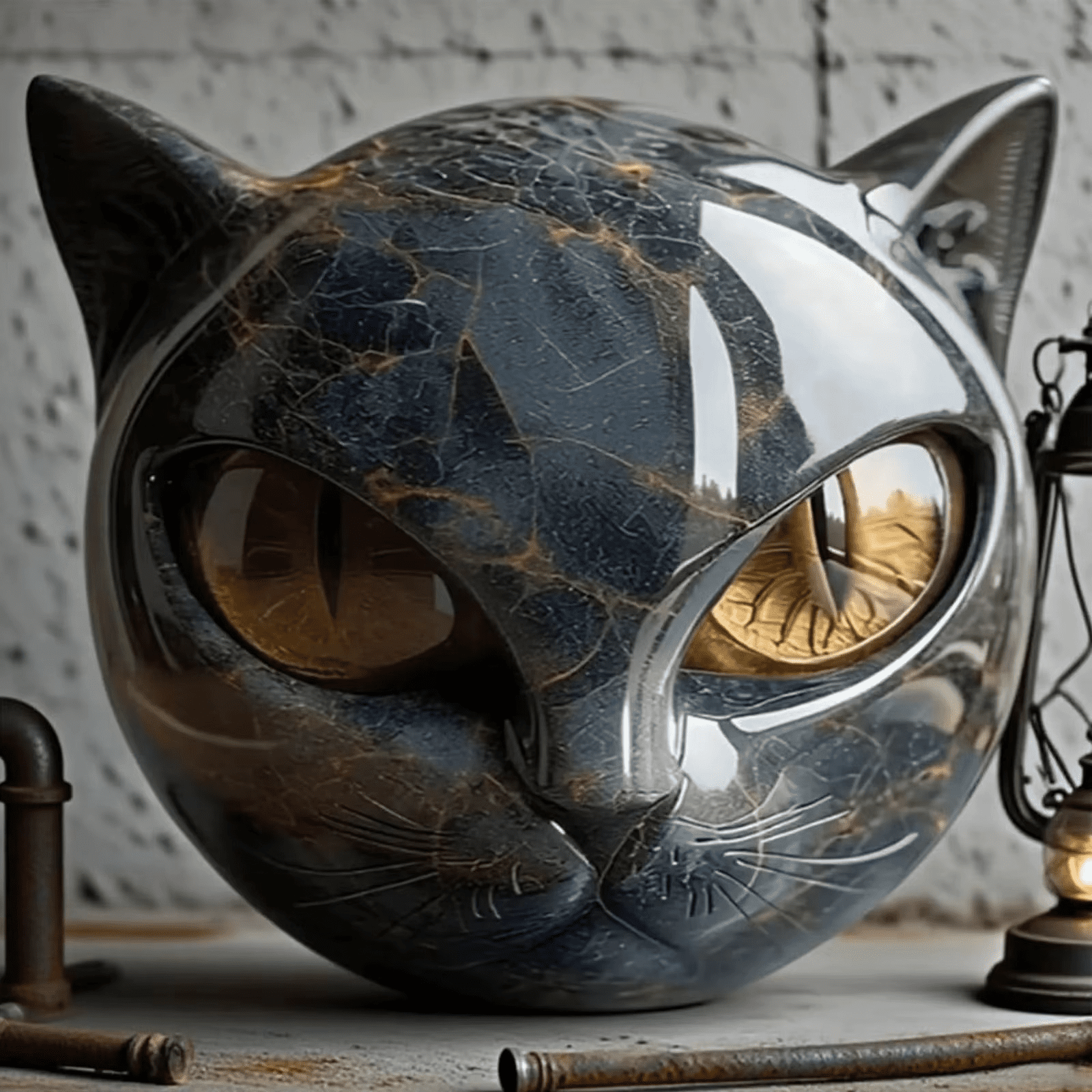 Black Cat Stone Sculpture – Figurine décorative tête de chat en pierre de chat noir résine Texture en marbre – Image 4