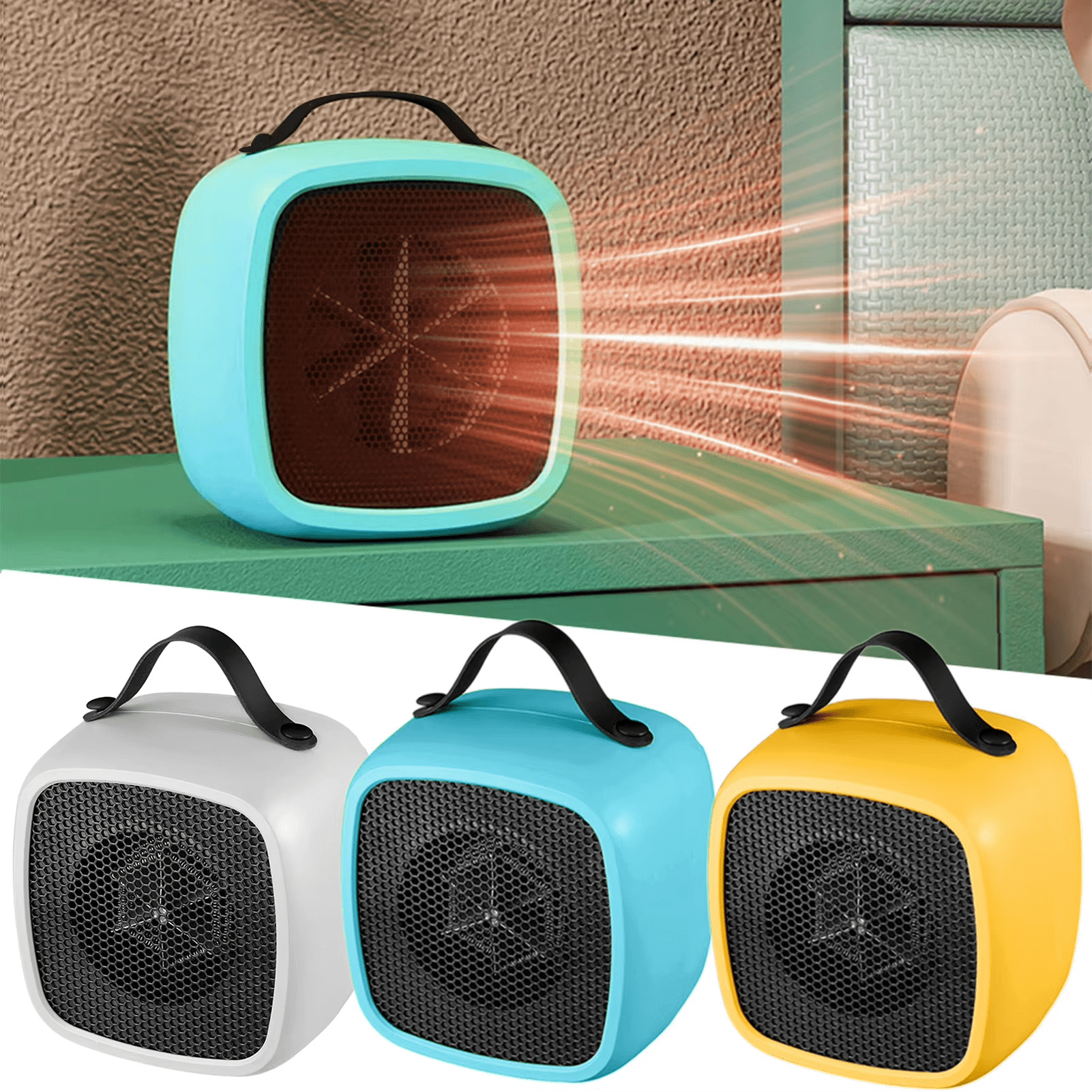 Vue de face du mini radiateur en céramique portable de 500W posé sur un bureau.