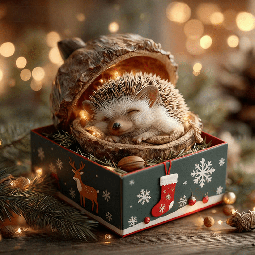 Un lapin 2D paisiblement endormi dans un gland accroché à un sapin.