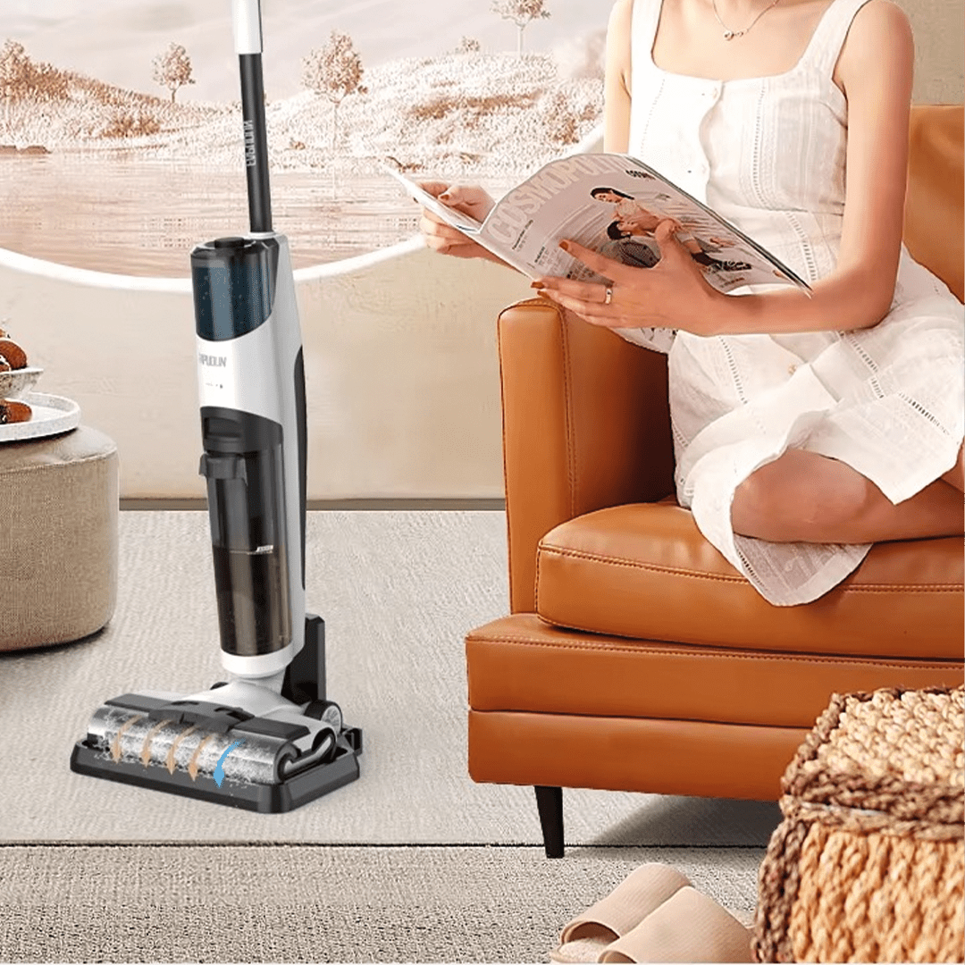 Vue complète de l’aspirateur balai Invictus WD7 posé verticalement
