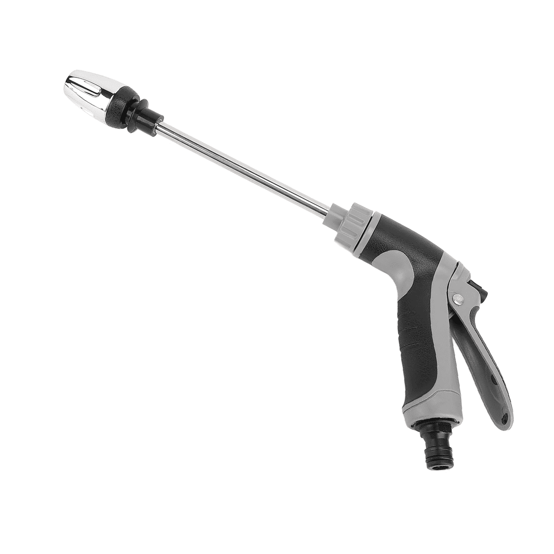 Vue d’ensemble du pistolet à eau haute pression fixé à un tuyau d’arrosage