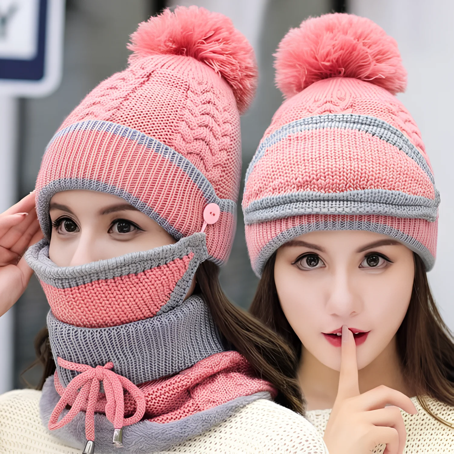 Ensemble d'hiver bonnet + écharpe femme - Rose