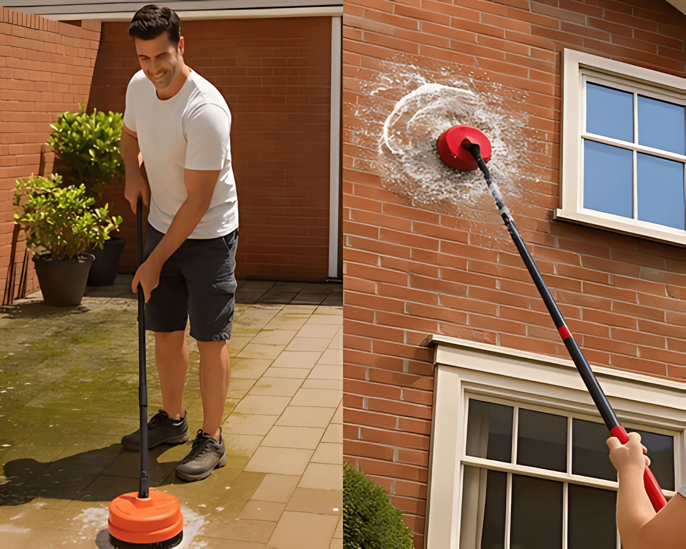 Tête de brosse rotative utilisée sur une façade extérieure.