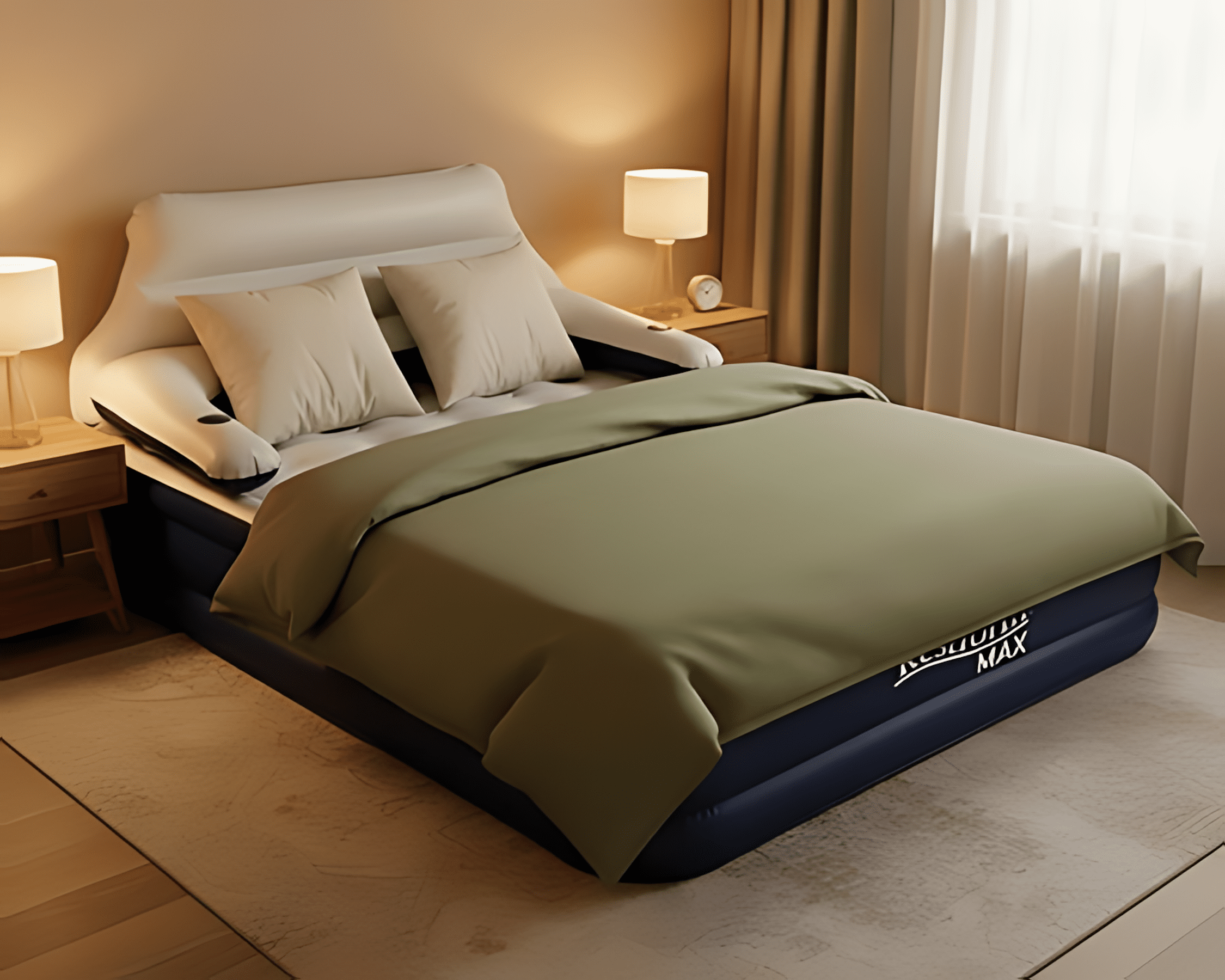 Vue d’ensemble du lit gonflable Restform Max avec son dossier installé.